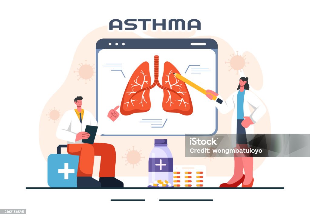 Red Inhaler Cartoon Asthma Disease Vector Illustration Featuring Human Lungs And Inhalers ...