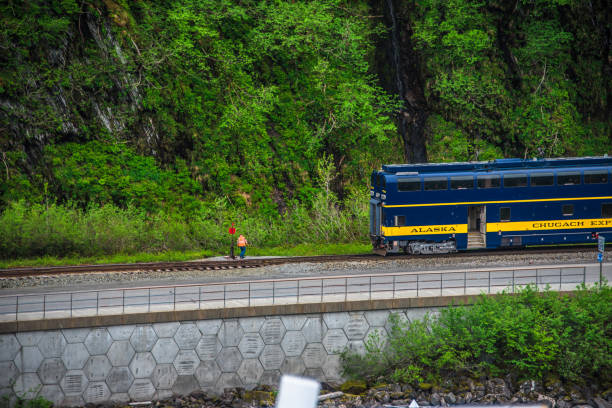 Whittier, USA - June 12, 2024: Alaska Railroad operates both freight and passenger trains in Alaska. It serves as a major transportation link for Alaska's rough terrain.