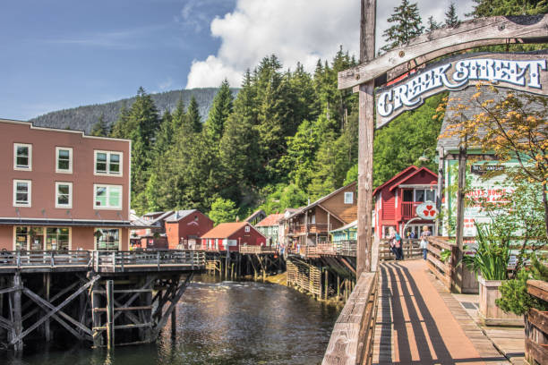 Ketchikan, USA - June 17, 2024: Named after Ketchikan Creek, Ketchikan was the first city incorporated in Alaska. Today, Ketchikan's economy is based upon commercial fishing, tourism and government services.