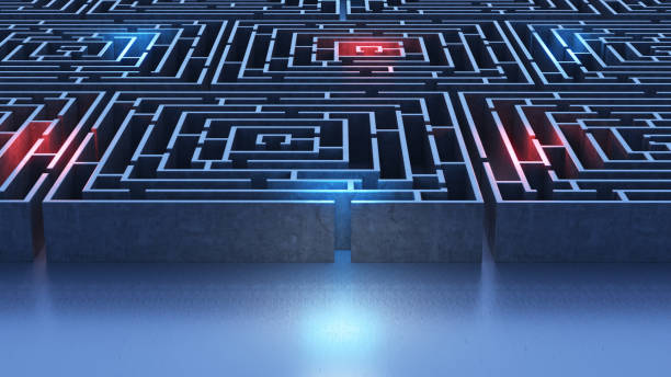 istock Rectangular stone maze surrounded by Blue and Red Neon Lights Stock Photo 2162190040