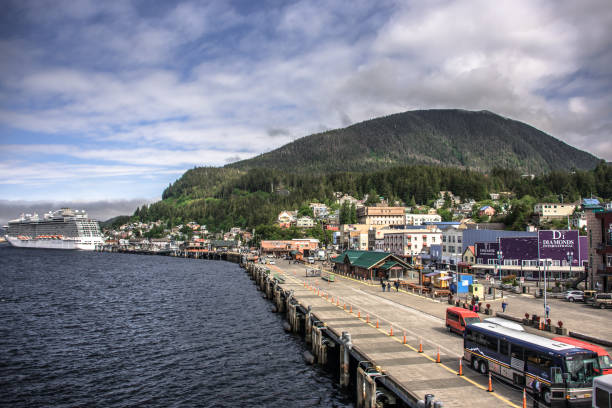 Ketchikan, USA - June 17, 2024: Named after Ketchikan Creek, Ketchikan was the first city incorporated in Alaska. Today, Ketchikan's economy is based upon commercial fishing, tourism and government services.