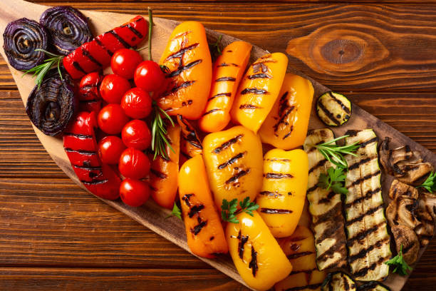 Colorful grilled vegetables on a pan barbecue