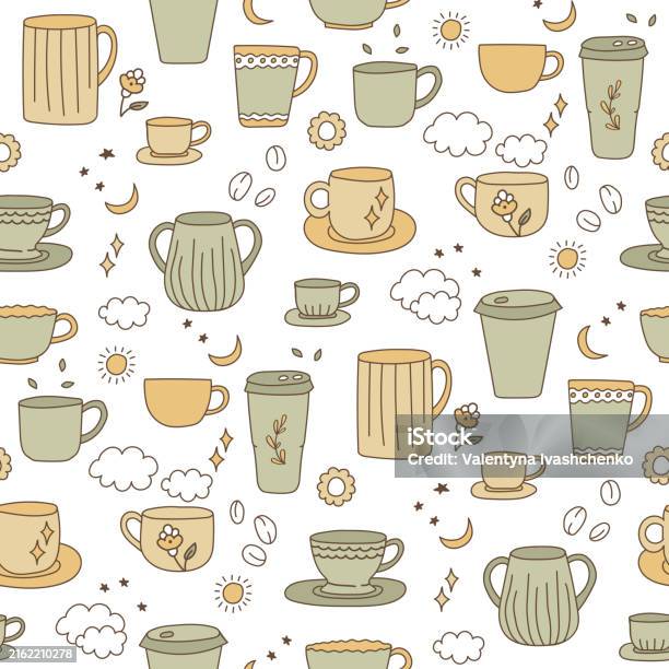 Stock ilustrace Trendy Vzor Košíčků Hrnky Na Kávu A Čaj Ve Skandinávském Stylu Barevné Porcelánové Vektorové Ilustrace Vytiskněte Si Hrnek Na Pití Šálek Kávy Čaj Misku Matcha – stáhnout obrázek nyní