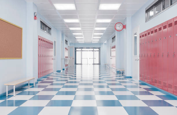 Empty School Hallway with Red Lockers and Checkered Floor A clean, well-lit school hallway featuring rows of red lockers, checkered blue and white floor tiles, and a clock on the wall. Indoor education setting. Back to school concept. 3d rendering school stock pictures, royalty-free photos & images