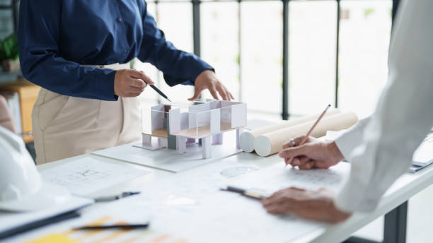 istock Architecture drawing on architectural Creative project business architecture building construction Industrial engineering Achievement Planning Design on blueprint eco Concept 2162210802