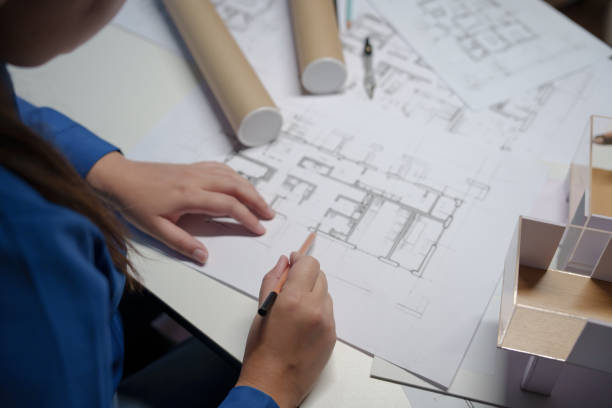 istock Architecture drawing on architectural Creative project business architecture building constructionÂ Industrial engineering Achievement Planning Design on blueprint eco 2162210807
