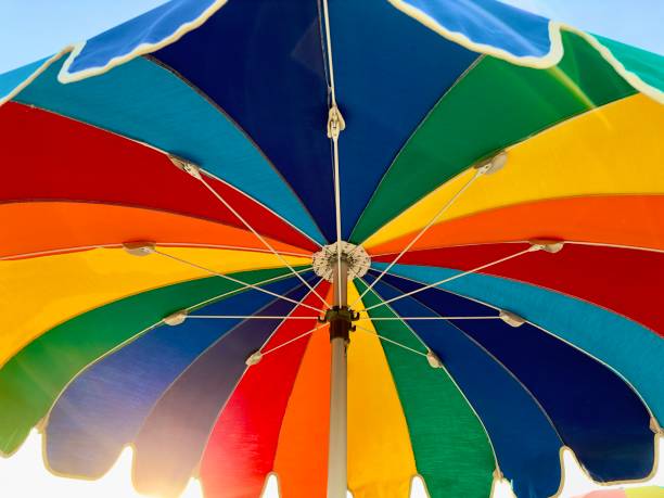 istock Multi-coloured beach umbrella during sunrise 2162211637