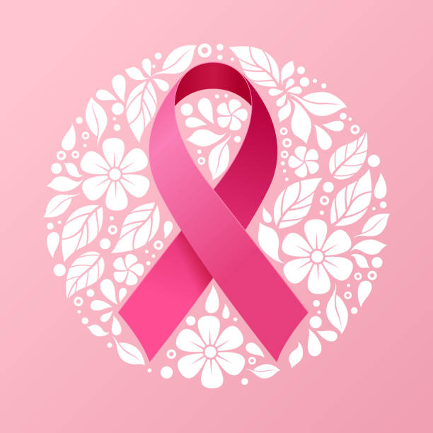 ilustrações, clipart, desenhos animados e ícones de fita cor-de-rosa para o mês da conscientização do câncer da mama no quadro do círculo com textura branca da flor e das folhas ao redor no projeto cor-de-rosa macio do vetor do fundo - outubro-rosa