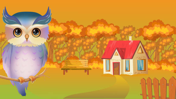 Owl on the background of a village house, sitting on a tree. Autumn landscape Owl on the background of a village house, sitting on a tree. Autumn landscape. background of the crazy squirrel stock illustrations