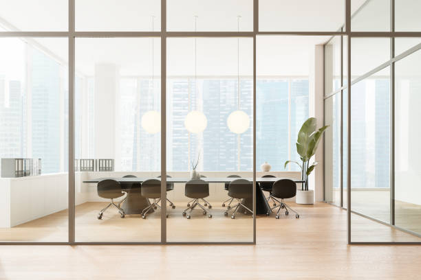 istock Modern conference interior with meeting board and chairs, panoramic window 2162212288