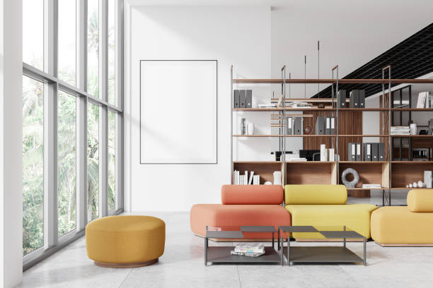 istock White business interior with relax and work place, window and mock up frame 2162212497