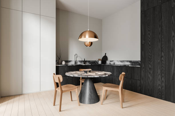 istock Modern home kitchen interior with dining and cooking space with appliances 2162212810