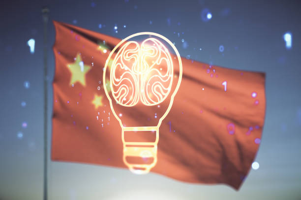 Double exposure of abstract virtual creative light bulb hologram with human brain on Chinese flag and blue sky background, idea and brainstorming concept