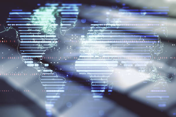 istock Abstract creative digital world map on abstract metal background, globalization concept. Multiexposure 2162212874