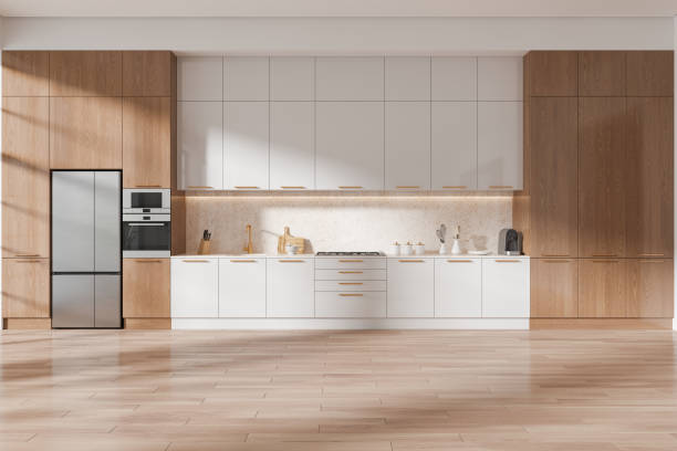 istock Wooden home kitchen interior with shelves and appliances, refrigerator 2162213436