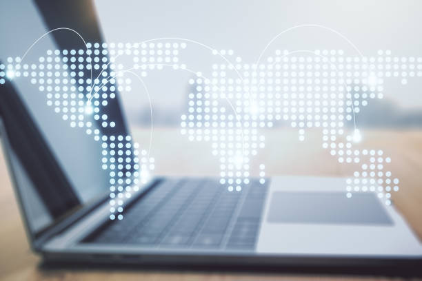 istock Abstract creative world map with connections on modern laptop background, international trading concept. Multiexposure 2162213467