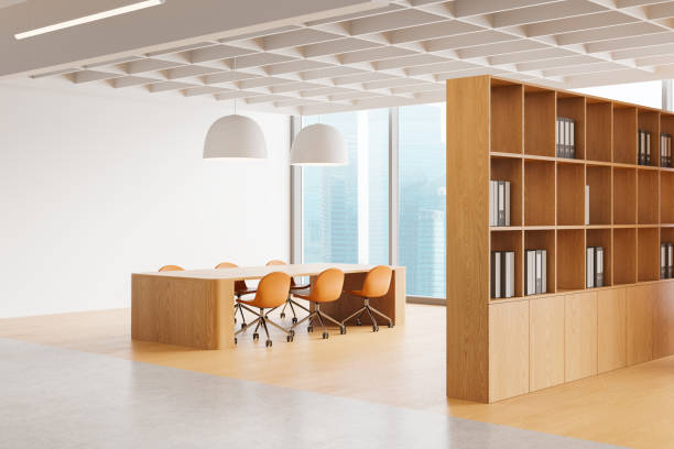 istock Cozy office meeting room interior with table and chairs, panoramic window 2162213613