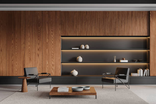 istock Office relax zone interior with two armchairs and shelf, coffee table 2162213778