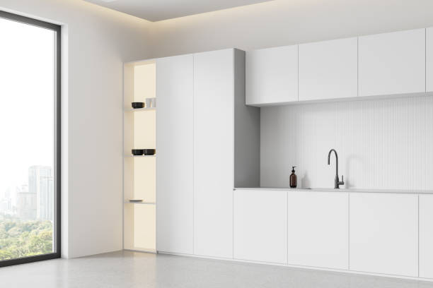 istock Elegant home kitchen interior with cooking cabinet and panoramic window 2162213913