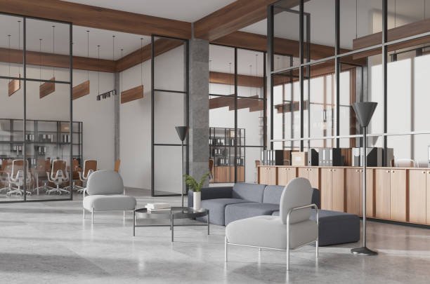 istock Modern office room interior with lounge zone and glass conference room 2162214251