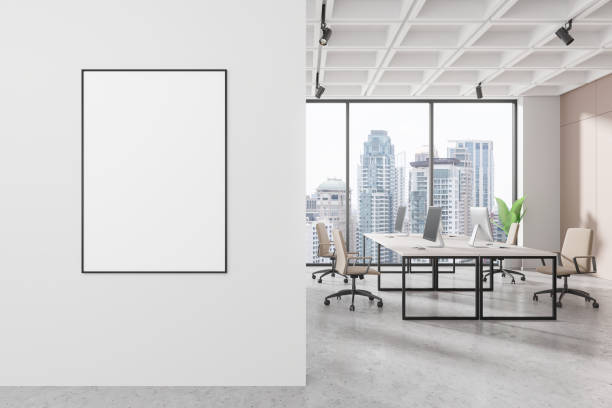 istock Cozy business room interior with coworking space and window. Mockup frame 2162214277