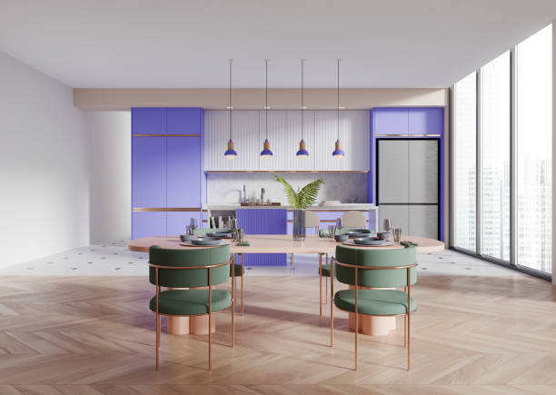 istock Modern kitchen and dining area with purple cabinets and green chairs, minimalistic design, cityscape background, contemporary home interior.  3D Rendering 2162214586