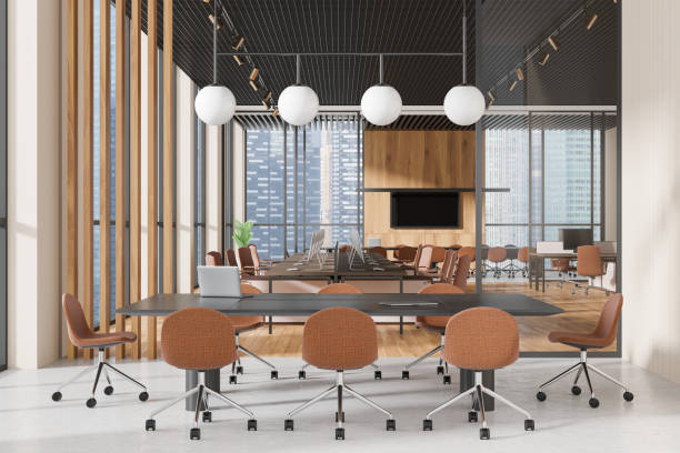 istock Modern office interior with meeting and coworking spaces, panoramic window 2162214595