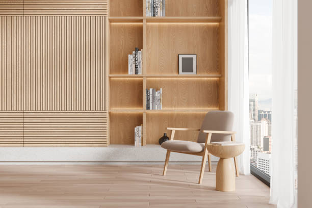 istock Home living room interior with soft armchair and shelf, panoramic window 2162214918