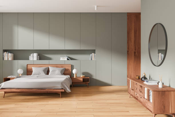 istock Luxury home bedroom interior with bed and sideboard with decoration 2162214956