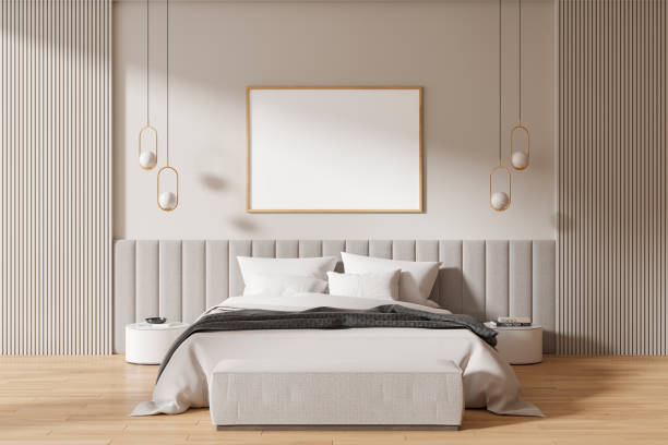 istock Beige hotel bedroom interior with bed and nightstand. Mockup frame 2162215001