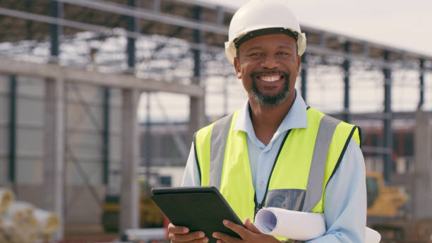 istock Man, construction and tablet at site for project management, building logistics or app. Male person and engineering worker on digital technology at industrial architecture design 2162218540