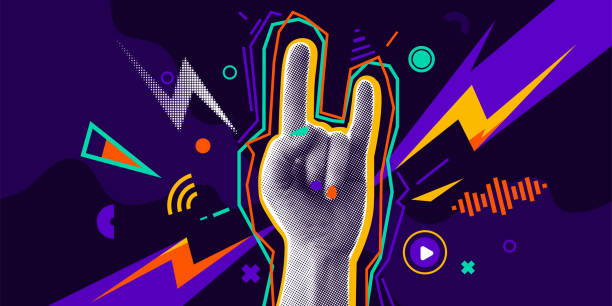 istock Music collage banner vector illustration. Halftone effect hand with gesture rock, color sound sign elements. Two fingers up, cool retro techno poster. Visual audio abstract concept on dark background 2162222310