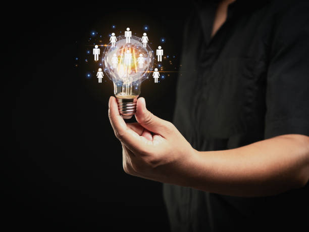 istock Professional displaying light bulb surrounded by network of people icons. 2162226283