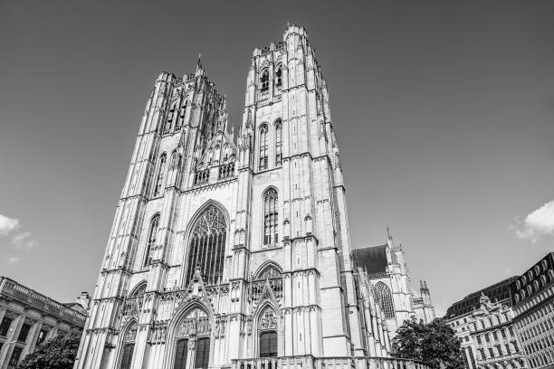 Facade of the gothic cathedral of Brussels in black and white, St. Michael and St. Gudula Cathedral in Brussels, Belgium