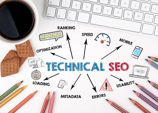 istock Technical SEO concept. Chart with keywords and icons. White office desk 2162230109