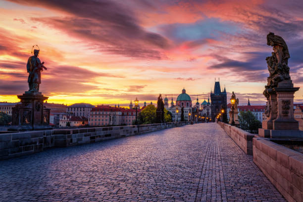 istock Summer sunrise view over the empty Charles Bridge in Prague 2162232356