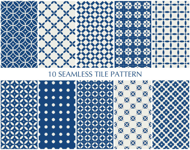 Set of seamless blue geometric ceramic design tiles pattern. Hand drawn traditional floral and geometric vector background. tiled floor stock illustrations