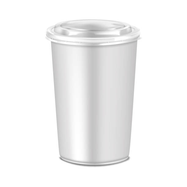 istock White paper cup with clear plastic lid. 3d mockup. Disposable takeaway food and drink container for liquids. Realistic vector mock-up. Template for design 2162232597