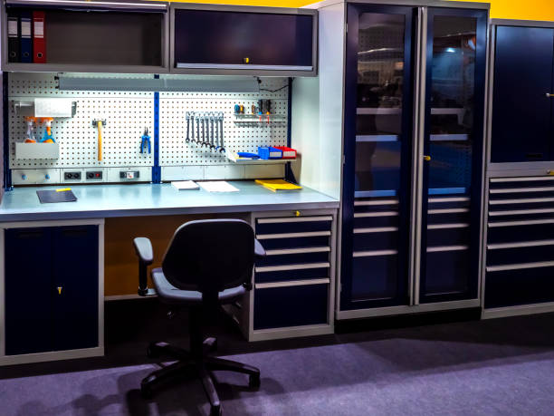 istock Shelf with the tool. Crafting table. Work place. Storage Tool. Armchair by the table. Engineering works. Service maintenance. 2162234866