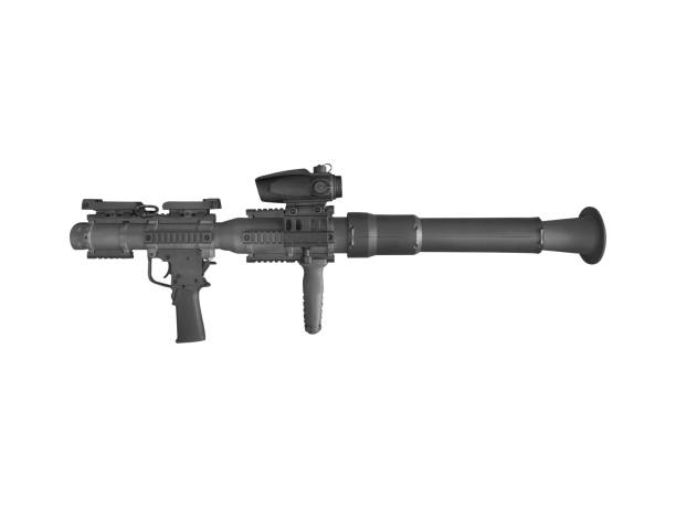Modern black colored rocket-propelled grenade launcher is isolated on transparent background.