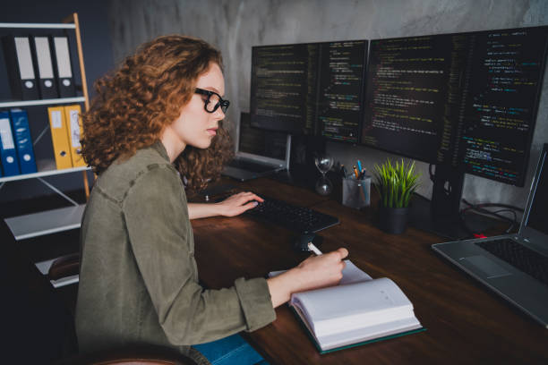 istock Photo of lovely successful woman software developer writing modern workspace workstation indoors 2162237683