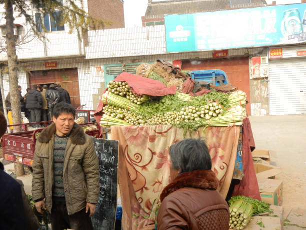 Luoyang, Henan Province, China - January 20, 2017: People at a market buying and selling fresh produce in rural China.