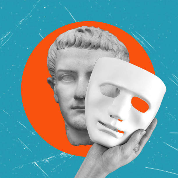 istock Contemporary art collage featuring a stone face wearing a theatrical mask. 2162240349