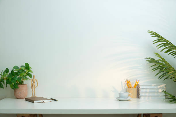 Comfortable workplace with coffee, stationery and houseplant on white table. Home office, copy space.