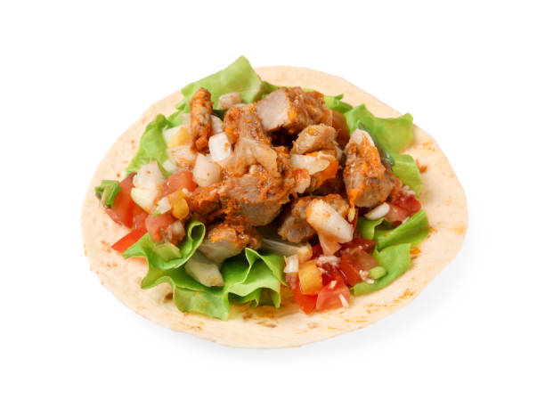 istock Delicious taco with vegetables and meat isolated on white 2162243161