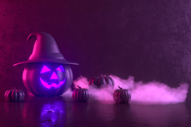 Halloween pumpkin with witch hat and smoke in neon lighting indoor. Digitally generated image. 3d render.