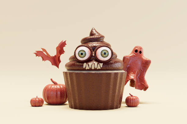 Halloween pumpkins and cupcake with scary eyes and teeth. Digitally generated image. 3d render.