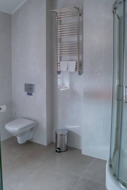 View of Cleaned Modern Bathroom Interior. Vertical Image Composition