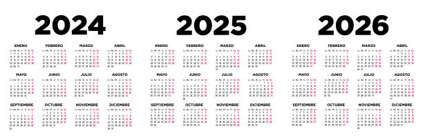 2024, 2025, 2026 calendar in Spanish. Week begins on Monday calendario en español, semana comienza el lunes. Vector january in spanish stock illustrations