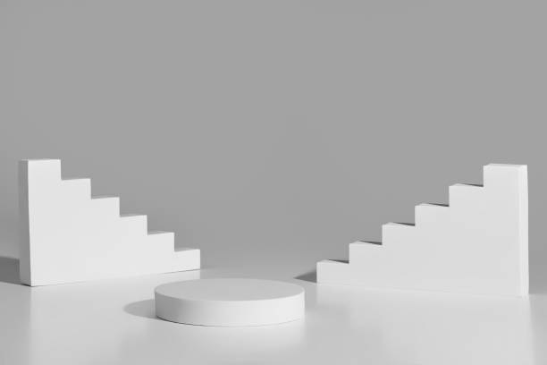istock Podium for product presentation from cylindrical platform with staircases on gray 2162253619